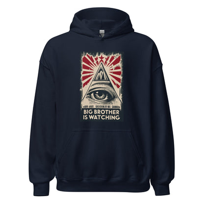Navy hoodie with front graphic print and front pocket.