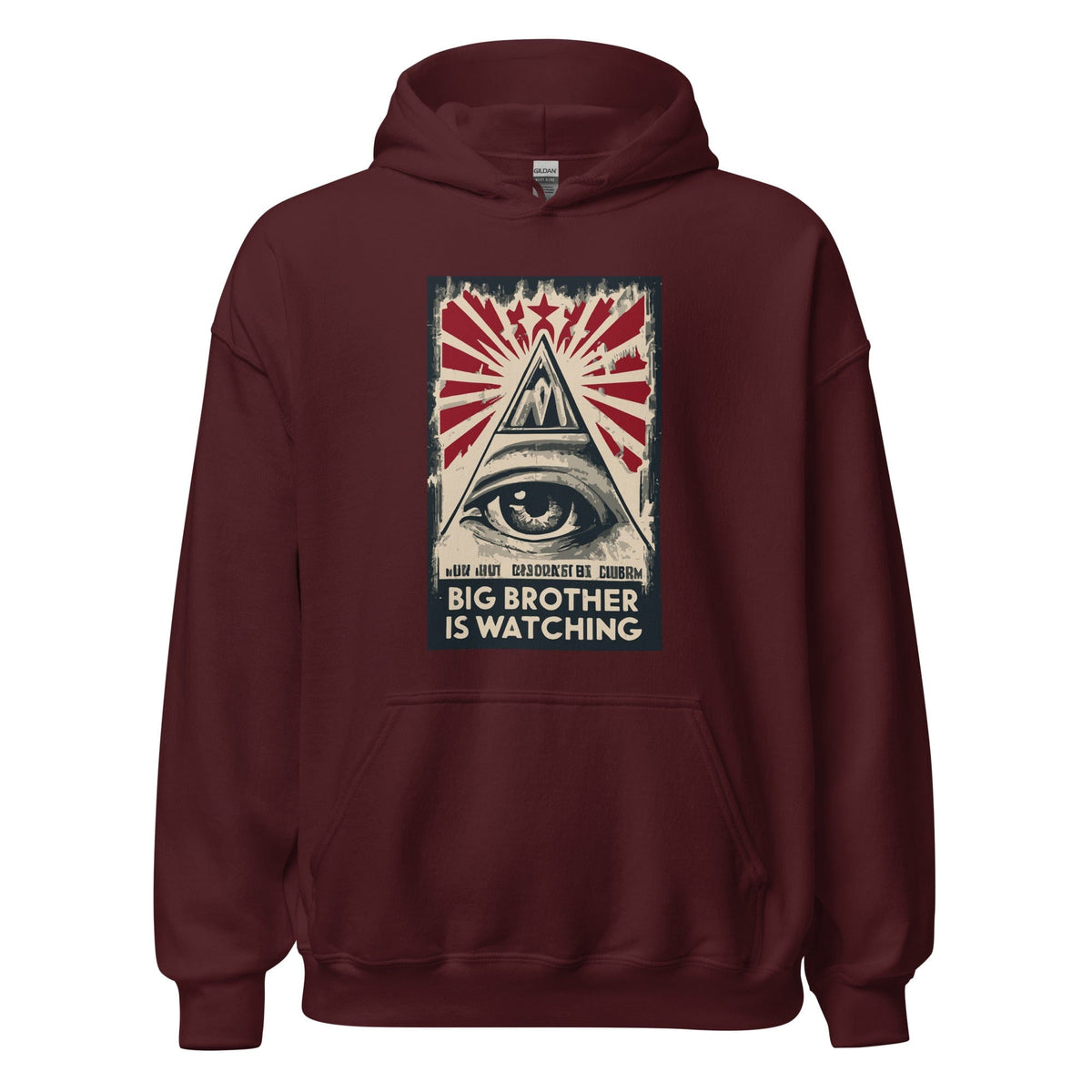Maroon hoodie with front graphic print and front pocket.