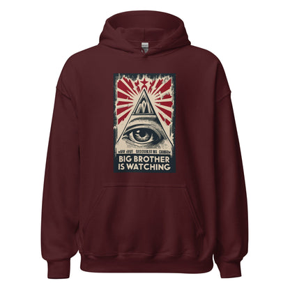 Maroon hoodie with front graphic print and front pocket.