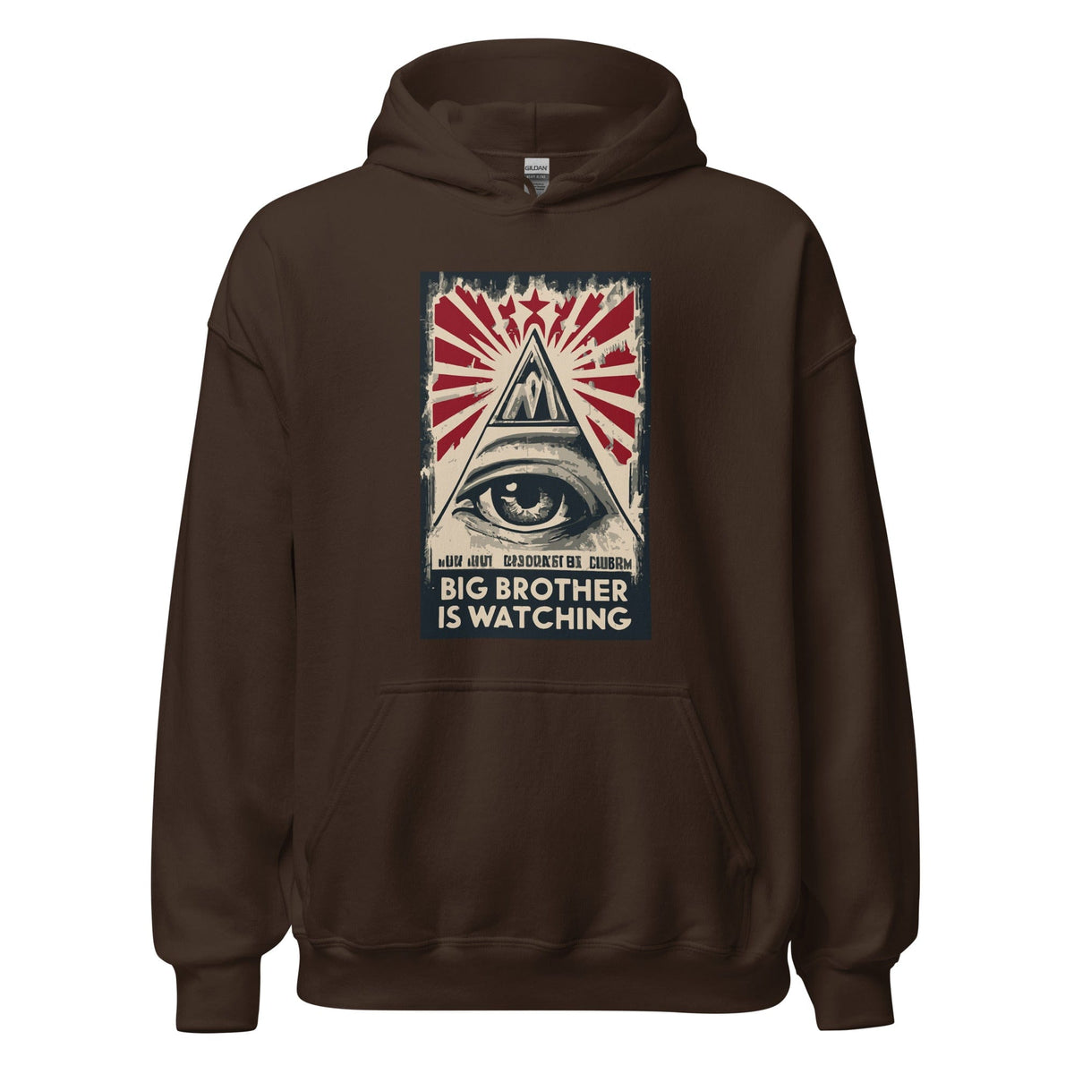 Dark brown hoodie with front graphic print and front pocket.
