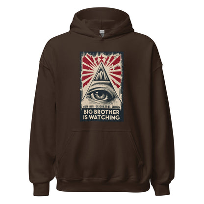 Dark brown hoodie with front graphic print and front pocket.