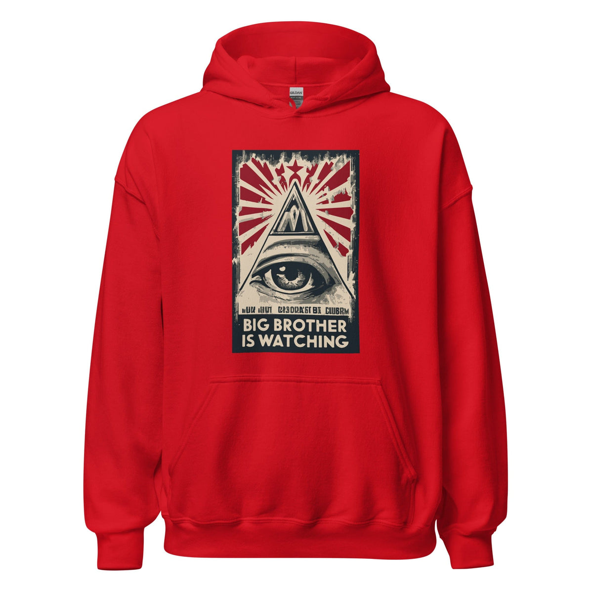 Red hoodie with front graphic print and front pocket.