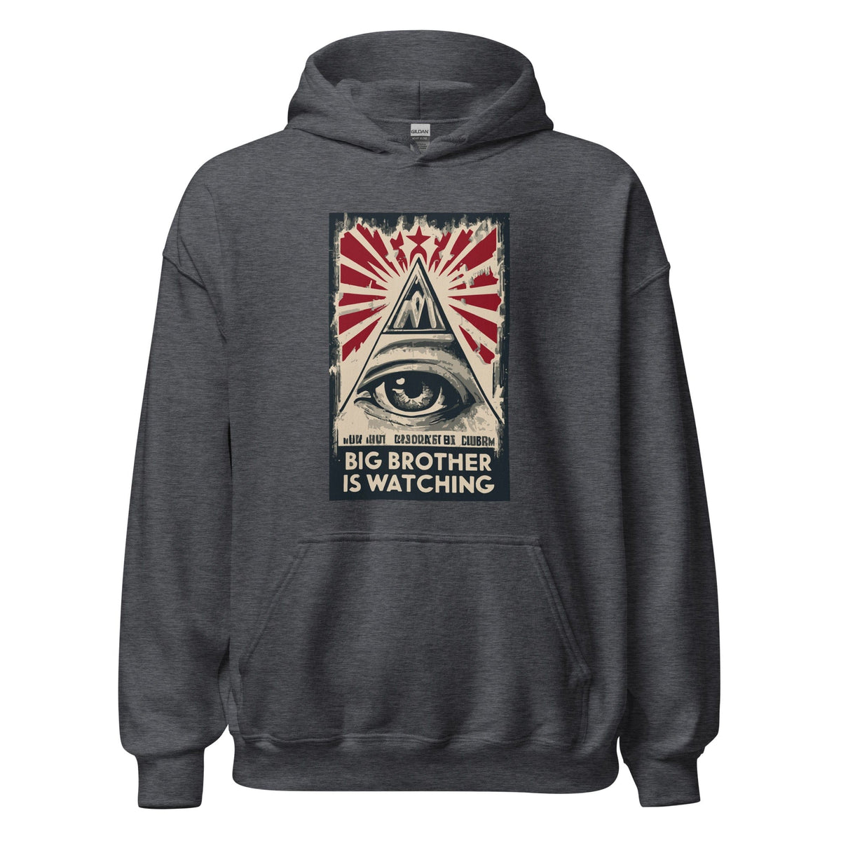 Dark gray heather hoodie with front graphic print and front pocket.