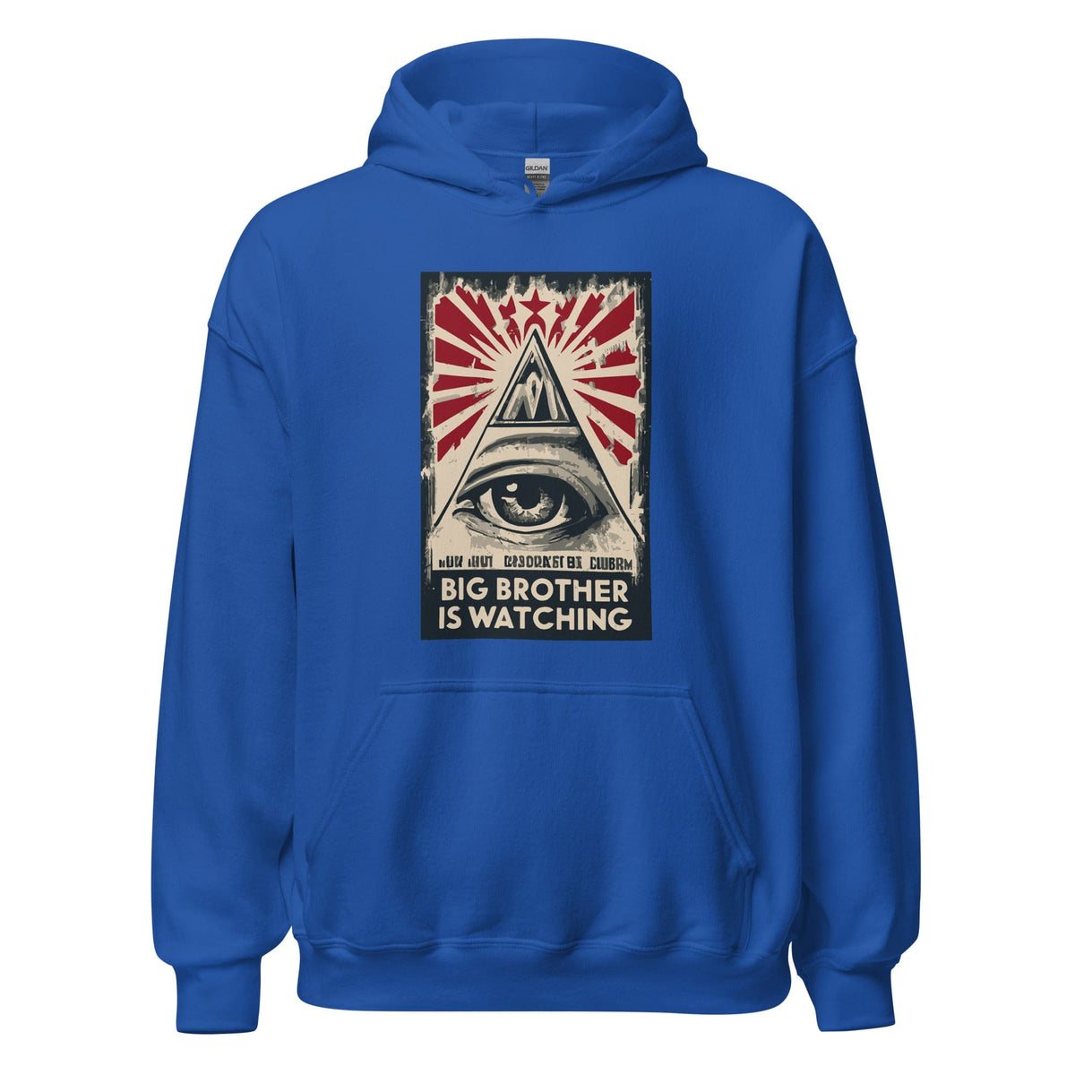 Royal blue hoodie with front graphic print and front pocket.