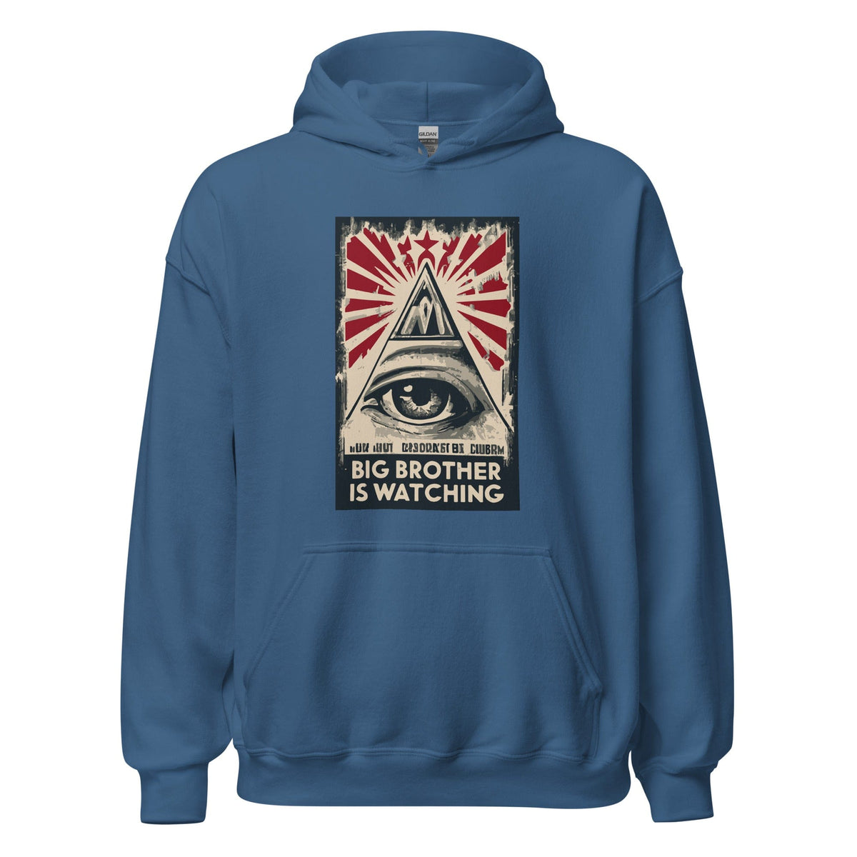 Light blue hoodie with front pocket and graphic 'Big Brother is watching'