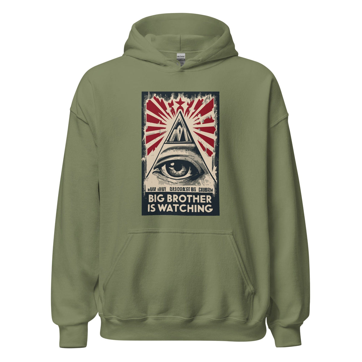 Olive green hoodie with front pocket and graphic 'Big Brother is watching'