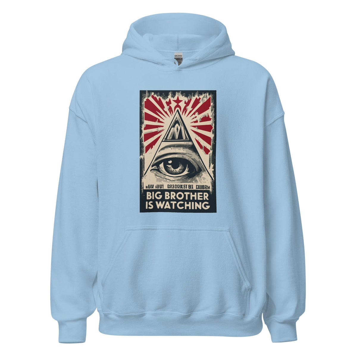 Light blue pullover hoodie with front pocket and 'Big Brother is watching' graphic