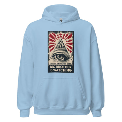 Light blue pullover hoodie with front pocket and 'Big Brother is watching' graphic