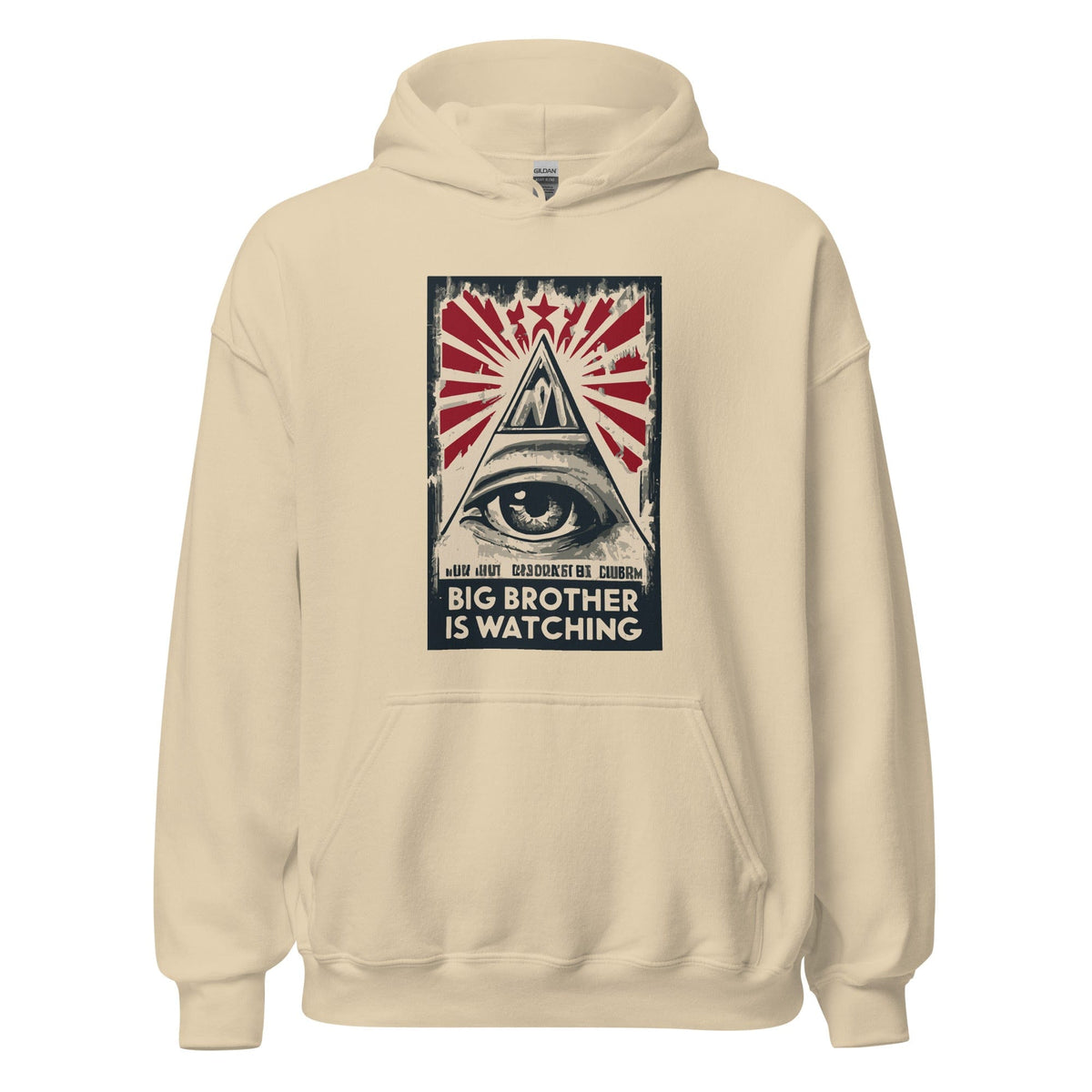 Beige hoodie with front pocket and graphic 'Big Brother is watching'