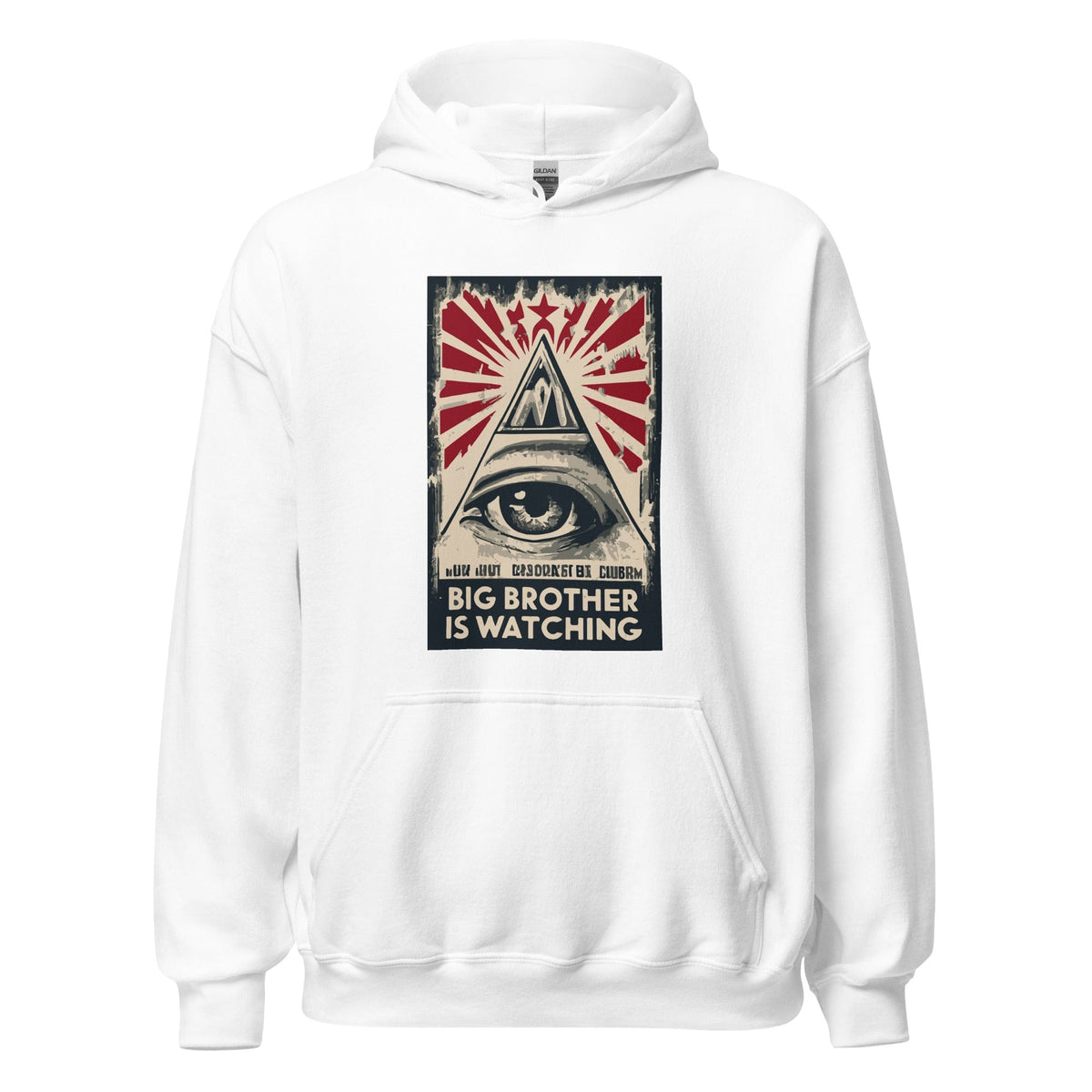 White hoodie with front pocket and graphic 'Big Brother is watching'
