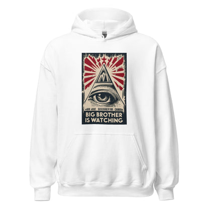 White hoodie with front pocket and graphic 'Big Brother is watching'