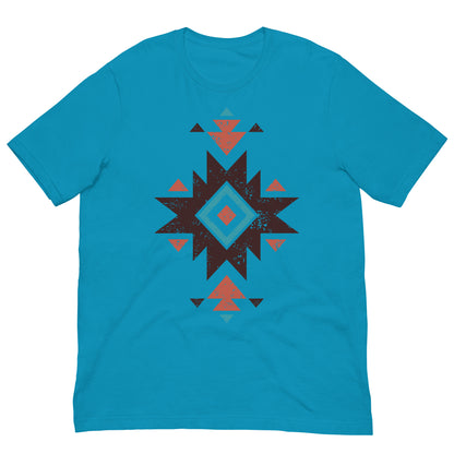 Turquoise Aztec distressed pattern T-shirt with short sleeves and crew neck