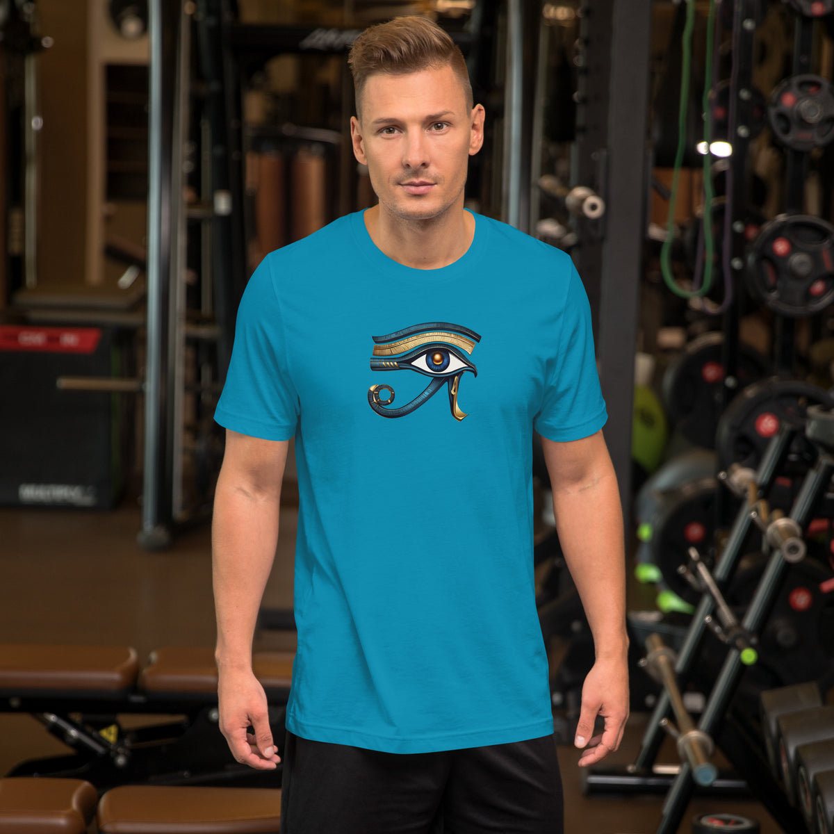 Cyan T-shirt with Eye of Horus graphic on the chest