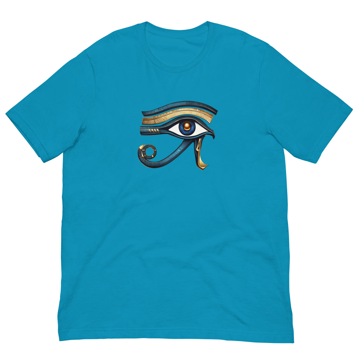 Aqua T-shirt with stylized eye graphic in blue and gold on front