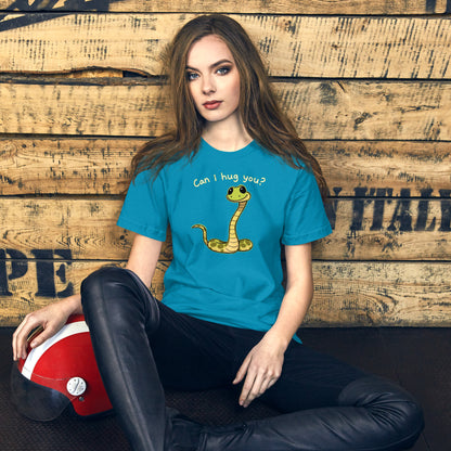 Turquoise snake graphic T-shirt with “Can I hug you?” on front