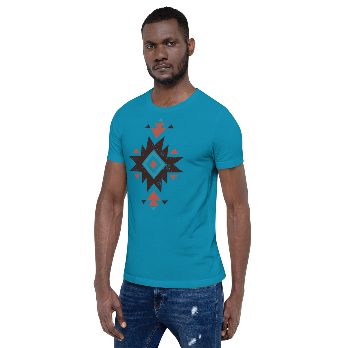 Teal Aztec distressed pattern T-shirt with short sleeves and crew neck
