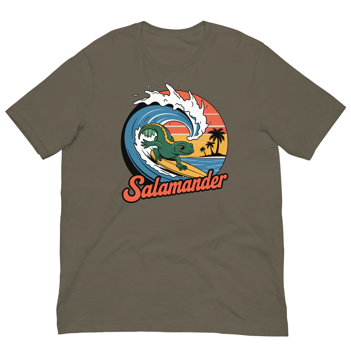 Olive brown short-sleeve T-shirt with circular salamander surfing graphic on the front