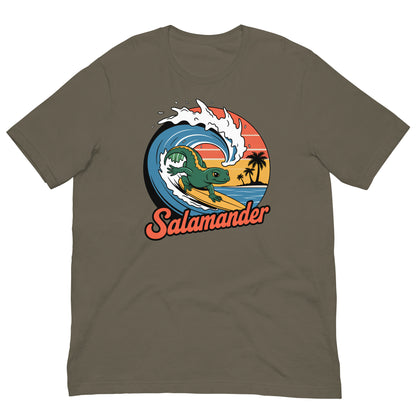 Olive brown short-sleeve T-shirt with circular salamander surfing graphic on the front