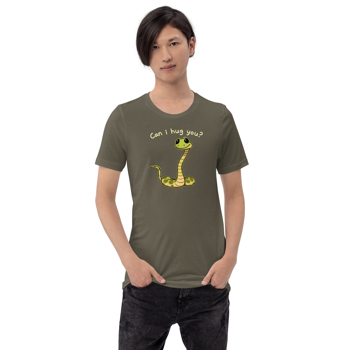 Olive green crewneck T-shirt with yellow snake hug graphic on front