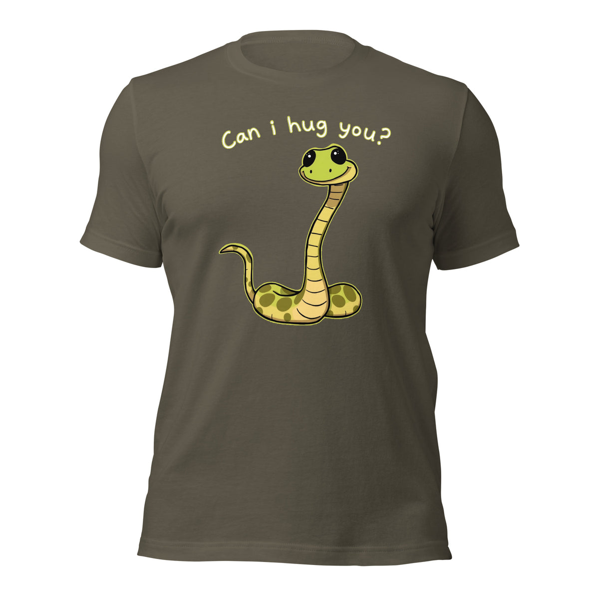 Army green snake graphic T-shirt with “Can I hug you?” on back