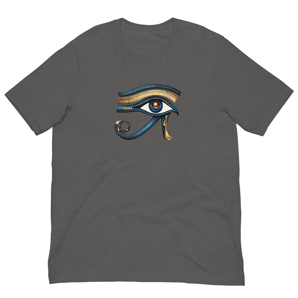 Dark gray T-shirt with stylized eye graphic in blue and gold on front