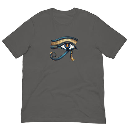 Dark gray T-shirt with stylized eye graphic in blue and gold on front