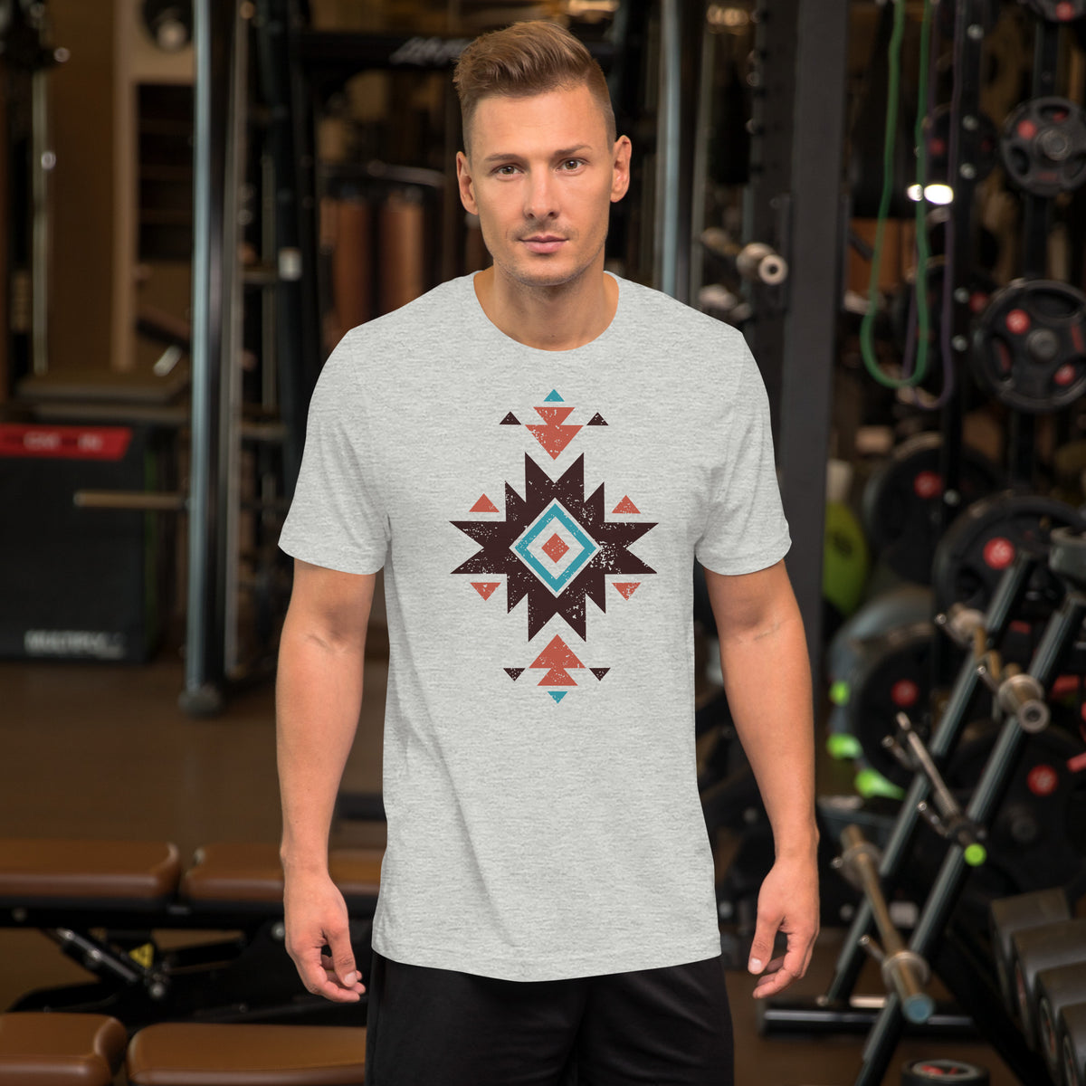 Heather gray Aztec distressed pattern T-shirt with short sleeves and crew neck