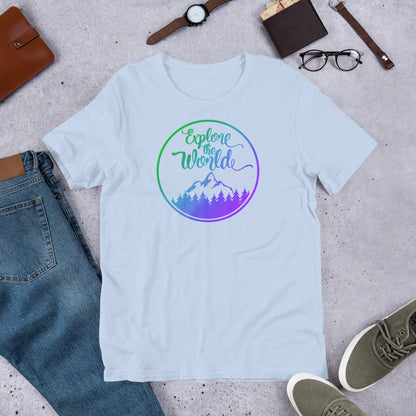 White Explore the World T-shirt with circular mountain graphic in green and purple