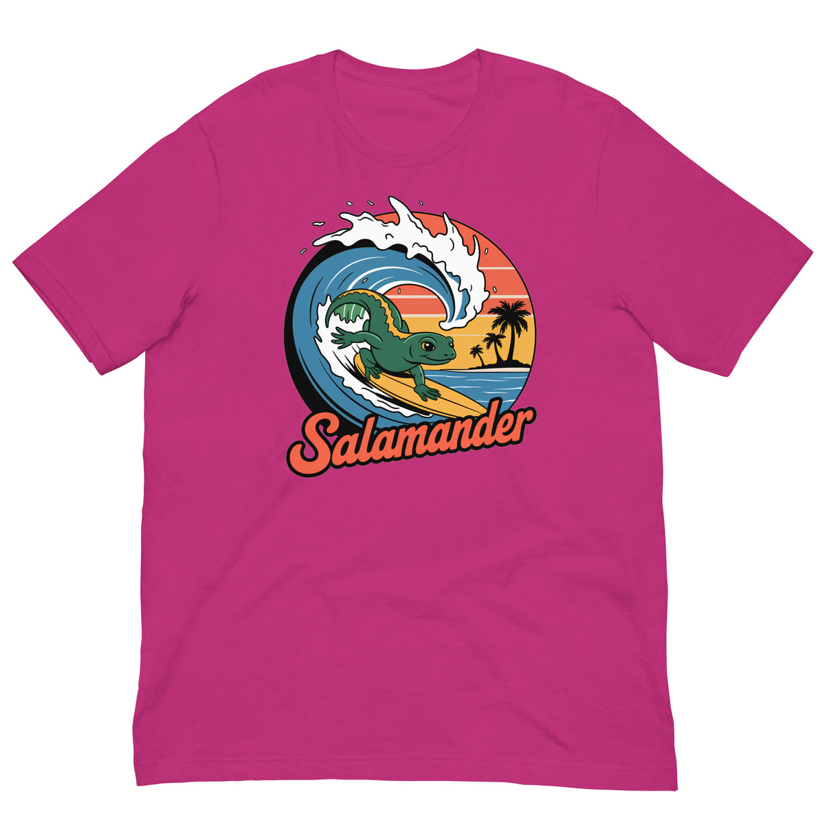 Berry pink short-sleeve T-shirt with circular salamander surfing graphic on the front