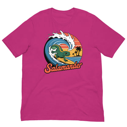 Berry pink short-sleeve T-shirt with circular salamander surfing graphic on the front