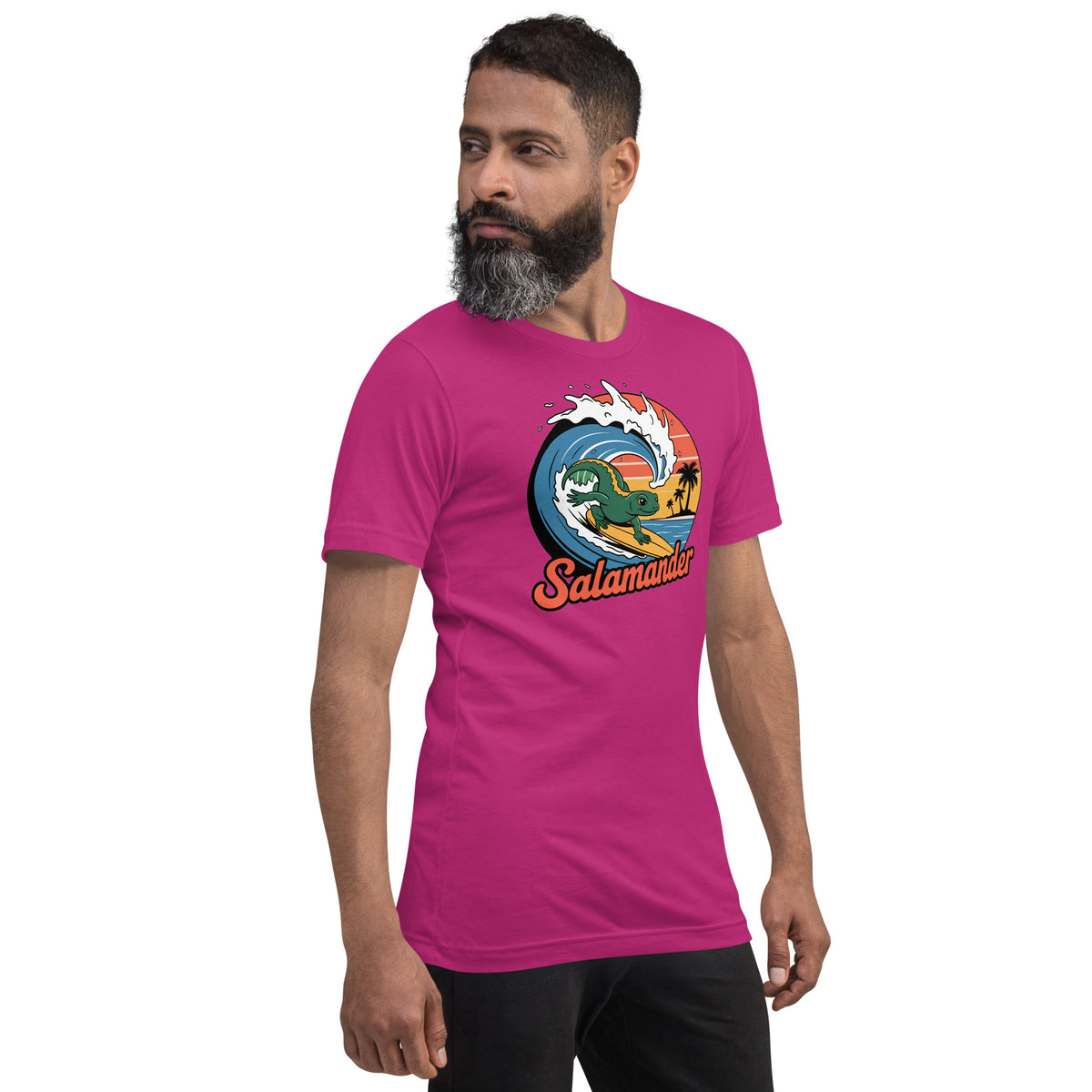 Berry pink t-shirt with salamander surf wave circle logo graphic on the chest