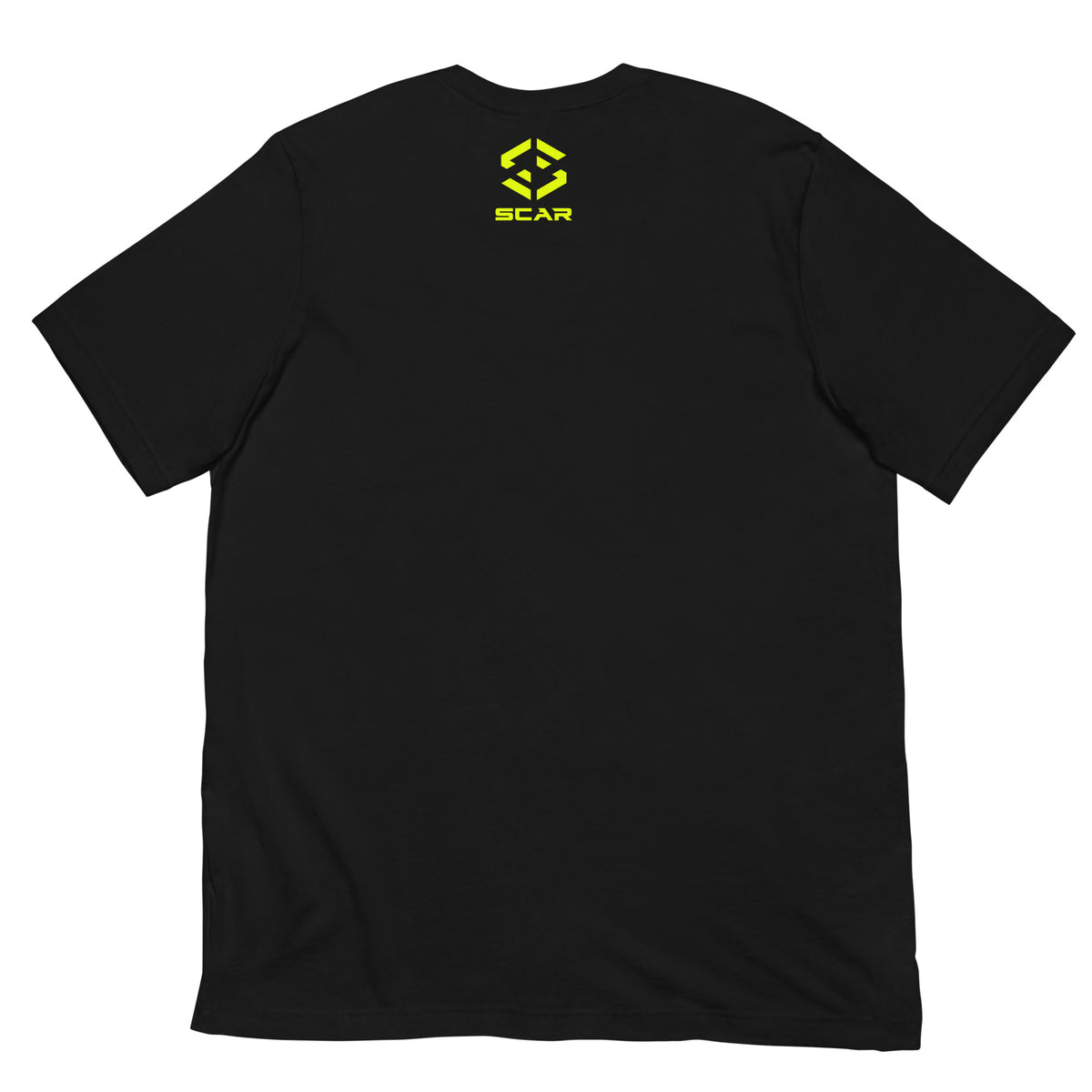 Black T-shirt with small yellow "SCAR" logo on the upper back