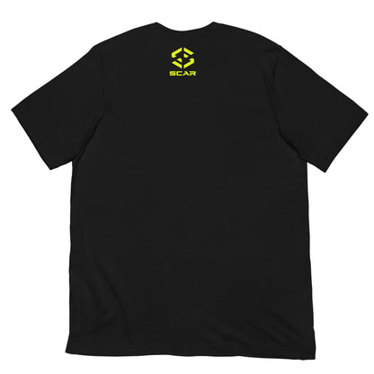 Black T-shirt with small yellow "SCAR" logo on the upper back