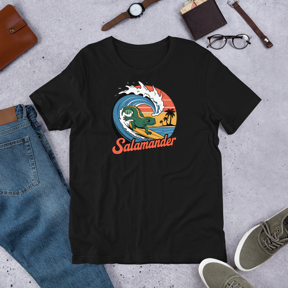 Black t-shirt with salamander surf wave circle logo graphic on the chest