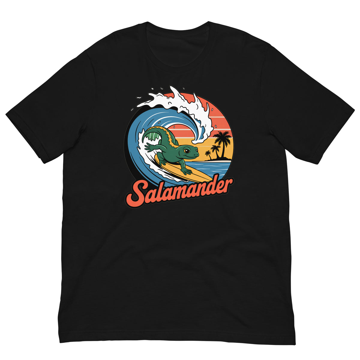 Black t-shirt with salamander surf wave circle logo graphic on the chest