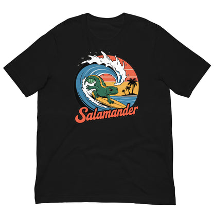 Black t-shirt with salamander surf wave circle logo graphic on the chest