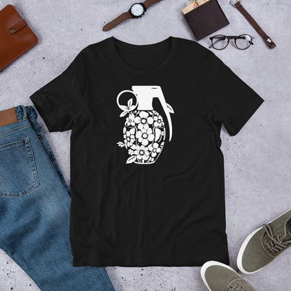 Black crew-neck T-shirt with white floral grenade graphic on the front.