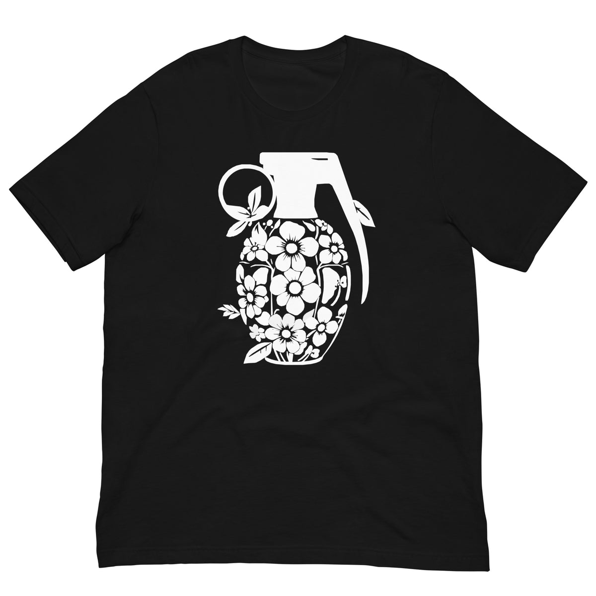 Black crew-neck T-shirt with white floral grenade graphic on the front.