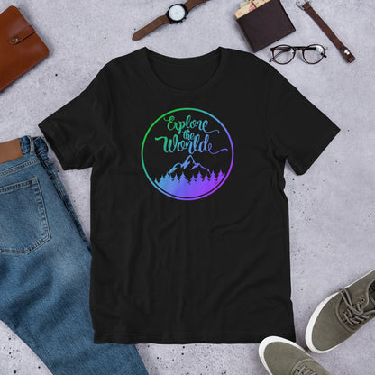 Black short-sleeve T-shirt with circular “Explore the World” logo and mountain graphic.