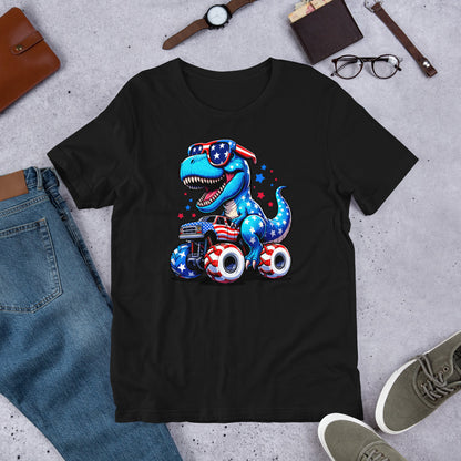 Black T-shirt with graphic of a roaring T-rex riding a monster truck
