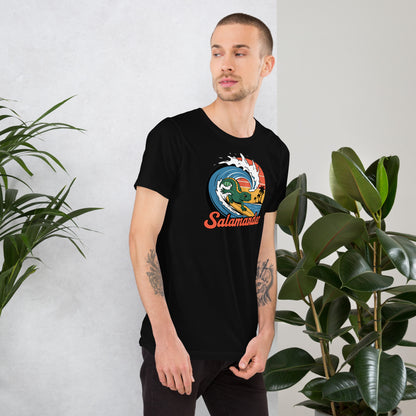 Black t-shirt with salamander surf wave circle logo graphic on the chest