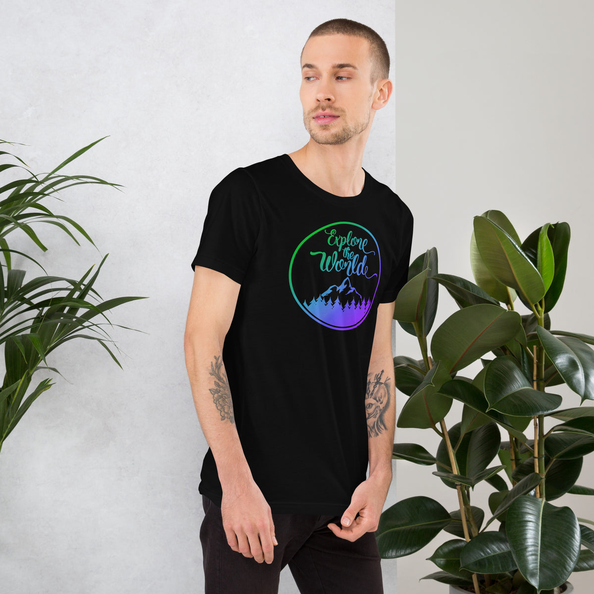 Black short-sleeve T-shirt with circular “Explore the World” logo and mountain graphic.