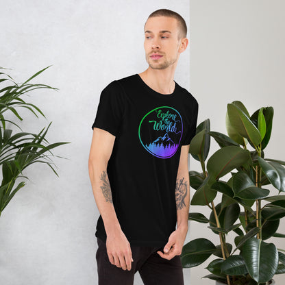 Black short-sleeve T-shirt with circular “Explore the World” logo and mountain graphic.