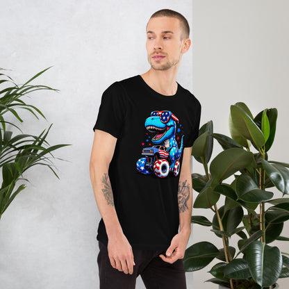 Black T-shirt with front graphic of a T-rex riding a monster truck