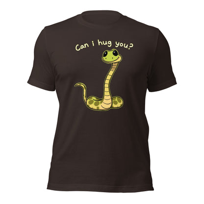 Dark brown snake graphic T-shirt with “Can I hug you?” on back