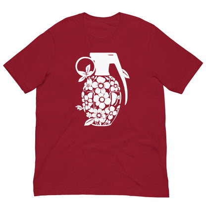 Red crew-neck T-shirt with white floral grenade graphic on the front.