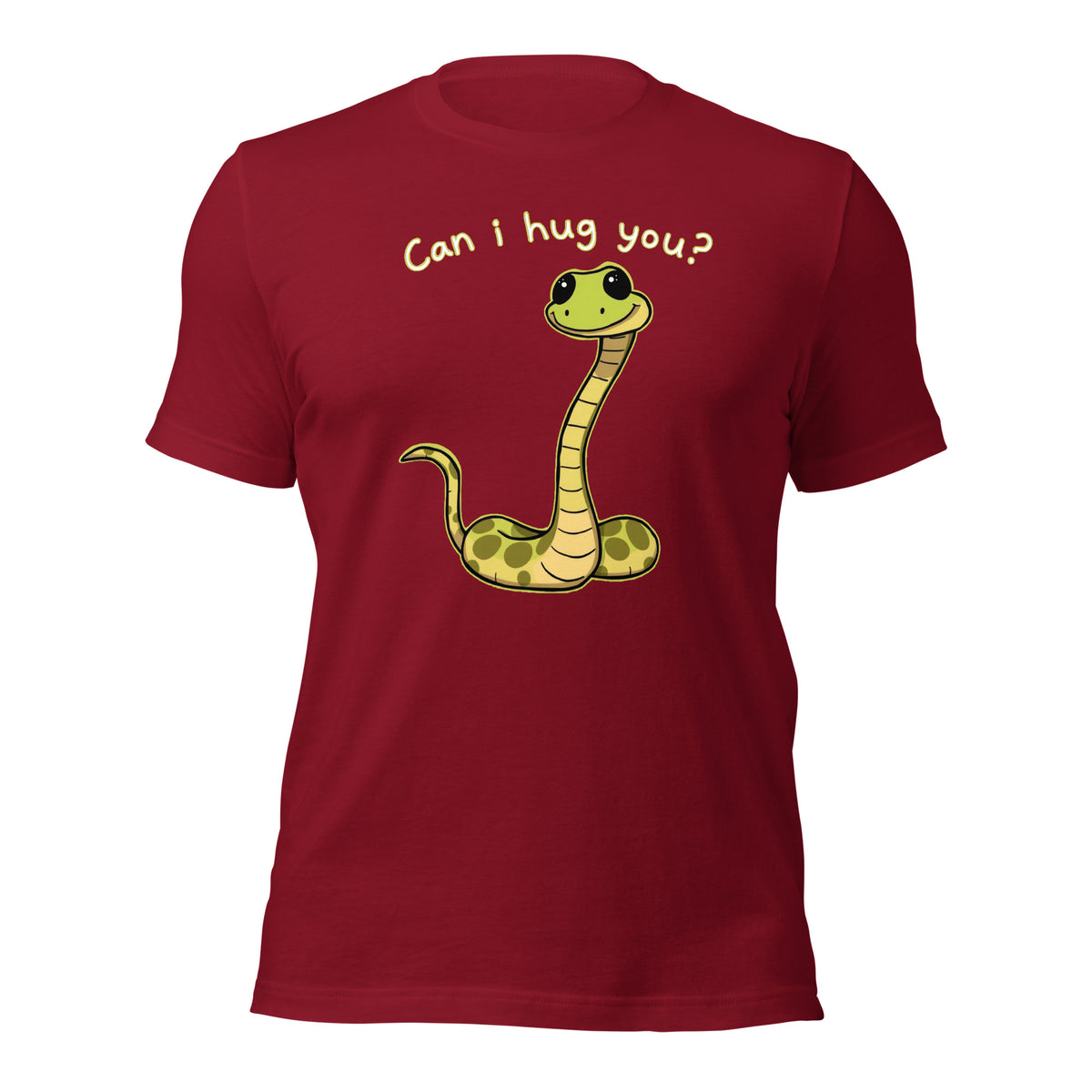 Cardinal red snake graphic T-shirt with “Can I hug you?” on back