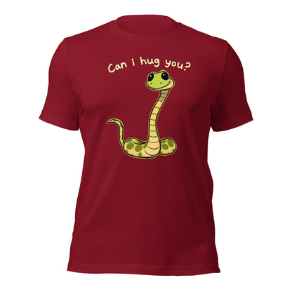 Cardinal red snake graphic T-shirt with “Can I hug you?” on back