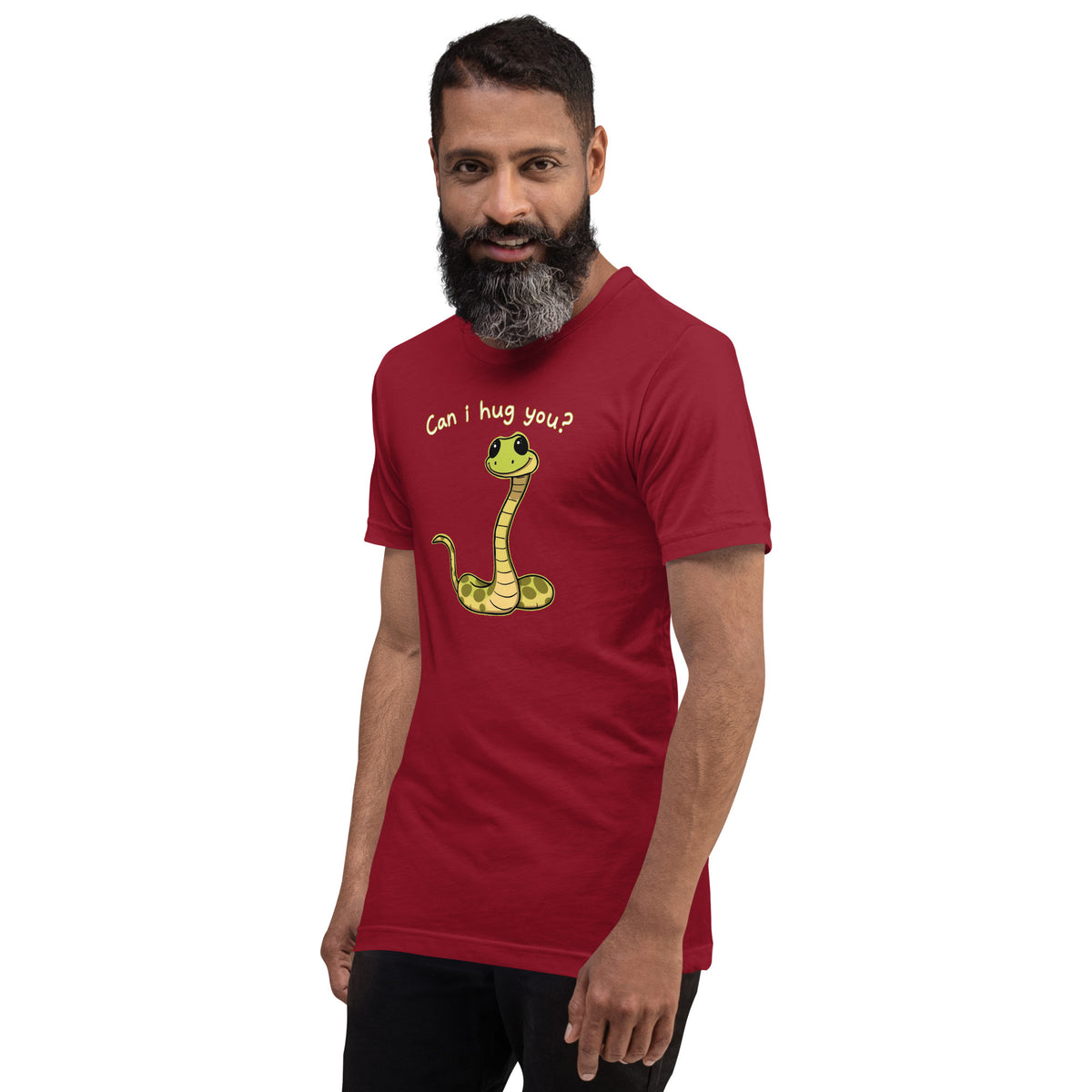 Maroon crewneck T-shirt with yellow snake hug graphic on front
