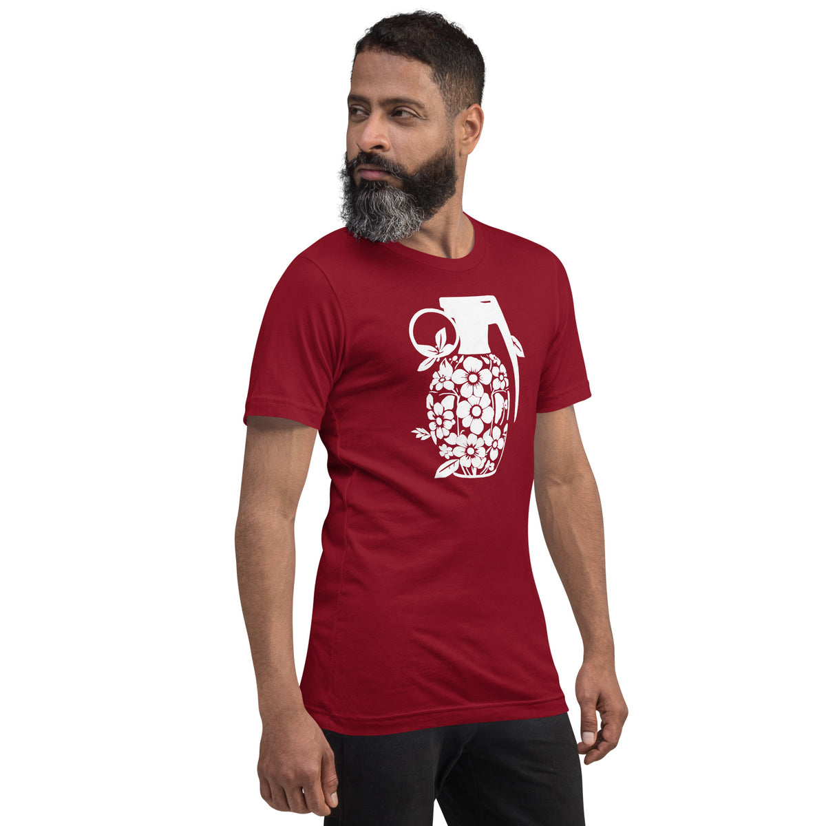 Burgundy crew-neck T-shirt with white floral grenade graphic on the front.